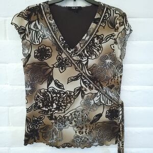 Style & Co Faux Wrap Top Size XL Vintage Brown And White Pattern